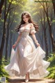 A woman in a white dress walking through a forest.