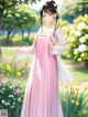 A woman in a pink dress standing in a field of flowers.