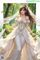 A woman in a wedding dress standing in the woods.