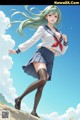 A girl in a school uniform is standing on a hill.