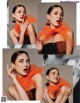 A collage of photos of a woman wearing an orange scarf.